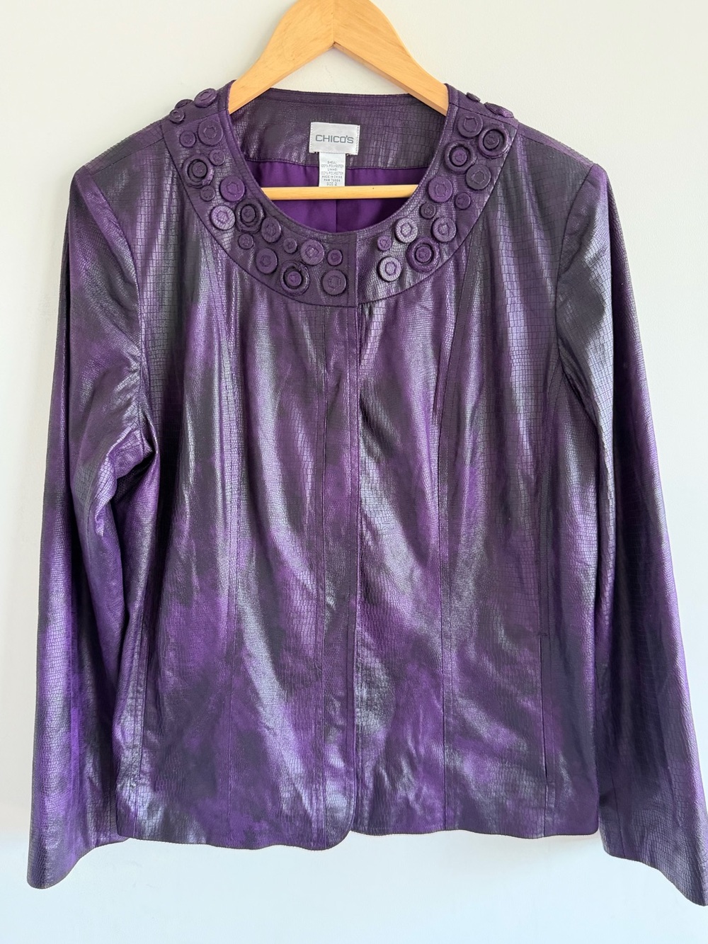 Chico’s Purple Faux Leather Textured Jacket Size 2 US 12/14 Embellished